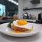 Homemade fried eggs on a white plate in a white kitchen. Generative AI