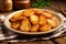 Homemade fried golden potato on plate sackcloth. Generate Ai