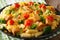 Homemade fusilli Italian pasta with fried pork, broccoli, tomato