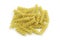 Homemade fusilli pasta heap on white isolated background in macro top view. Fusilli have spiral shape and yellow color. Pasta is