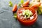 Homemade gazpacho soup with fresh ripe tomatoes and cucumber