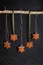 Homemade gingerbread snowflakes suspended by ribbons from a stick and sprinkled with powdered sugar on black background