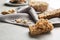 Homemade grain cereal bar on table, closeup