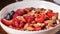 Homemade granola in a bowl, strawberries, almonds, blueberries, raspberry, honey - ingredients for natural breakfast.