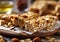 Homemade granola cereal bar with high protein and oats with seeds on table.Macro.AI Generative