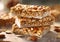 Homemade granola cereal bar with yogurt and oats with seeds on table.Macro.AI Generative