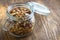 Homemade granola in open glass jar