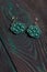 Homemade green earrings from beads. On brushed pine boards painted in black and green
