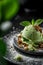 Homemade green ice cream with avocado on a plate decorated with greens