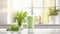 Homemade green vegetable juice in glass refreshing morning wellness in white kitchen setting