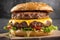 homemade hamburger with lettuce and cheese on a wooden board