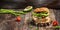 homemade hamburger on wooden table. burger, chicken fillet, asparagus, avocado, tomatoes, peas, cheese and tartar sauce