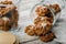 Homemade healthy gluten-free oatmeal cookies. Healthy food or fitness snack. Oats, isolated milk proteins, dried fruits. Sugarless