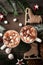 Homemade Hot Chocolate with marshmallows and whipped cream on vitage wooden background. Winter still life.