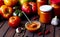 Homemade hot tomato sauce adjika in jars - Tomatoes, chilli pepper, garlic, herbs on wooden table.