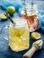 Homemade Iced fizzy Sparkling lemonade with lemon, rosemary and