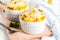 Homemade italian bread casserole strata with cheese, egg and ham