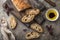 Homemade italian ciabatta bread with olive oil and balsamic sauce