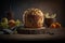 Homemade Italian panettone on rustic wooden table. Traditional Christmas cake with candied fruits. AI generated