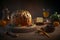 Homemade Italian panettone on rustic wooden table. Traditional Christmas cake with candied fruits. AI generated