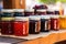 homemade jams and jellies on display at a farmers market