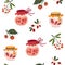 Homemade jars with jam seamless pattern. Food print. Glass jars with delicious sweet berry marmalade. Berries, strawberries,