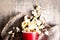 Homemade Kettle Corn Popcorn on wooden rustic table with copy sp