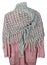 Homemade knitted warm gray triangular soft  women`s  scarf hanging on a pink sweater  isolated