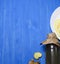 Homemade Kombucha fermented tea in bottle with lemon and root ginger on blue rustic background, copy space.