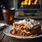 homemade lasagna, crackling fireplace, classic comfort food