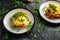 Homemade lasagna with minced beef bolognese and bechamel sauce topped wild arugula, parmesan cheese