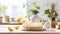 Homemade lemon meringue pie and lemon desserts on defocused background with copy space