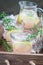 Homemade lemonade with lavender, fresh lemons and rosemary on wooden tray, vertical