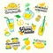 Homemade Lemonade Set Typography and Doodle Elements. Yellow Lemon Fruits, Glass Bottles and Carafe with Sweet Drink