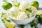 Homemade lime ice cream with mint and lime slices in a bowl, Lime ice cream popsicles with lime and mint on white stone background