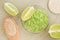 Homemade lime and sea salt exfoliating scrub bath salt, foot soak. DIY citrus beauty treatment and spa recipe. Top view