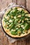 Homemade low-calorie pizza with fresh spinach, garlic and cheese close-up. Vertical top view