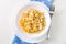 Homemade macaroni and white cottage cheese and sugar for kids