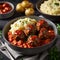 Homemade Meatballs with Tomato Sauce and Parsley in a Bowl Culinary Art of meatballs stew with vegetables and tomato sauce