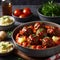 Homemade Meatballs with Tomato Sauce and Parsley in a Bowl Culinary Art of meatballs stew with vegetables and tomato sauce