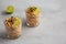 Homemade Mexican Corn Elote Esquites in Cups, side view. Copy space