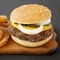 Homemade Mississippi Slug Burgers with onion rings on a rustic wooden board on a black table, side view. Closeup