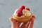 Homemade muffin in a brown sugar basket with white cream and fresh red raspberry in hand on blurred gray background. Close up