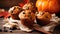 Homemade muffins with chocolate chips and pumpkin on a wooden background Generative AI