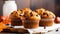 Homemade muffins with chocolate and nuts on a wooden background. Selective focus. Generative AI