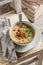 Homemade mushrooms soup with chanterelles and fresh parsley