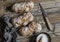 Homemade no kneading whole wheat rustic bread on wooden table