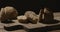 Homemade organic bread falls on a wooden board on a dark background