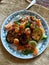 Homemade Oriental Shrimp Salad with grilled vegetables