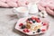 Homemade Pancakes Cappuccino Giant Merino Wool Blanket Pastel Pink Plate Sour Cream Berries